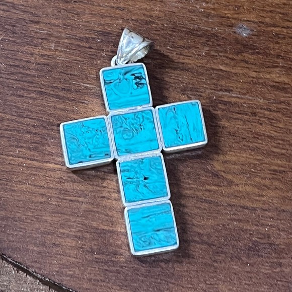 Jewelry - Large Faux Turquoise Cross Pendant Silver Tone Southwestern Western Boho 2.25"